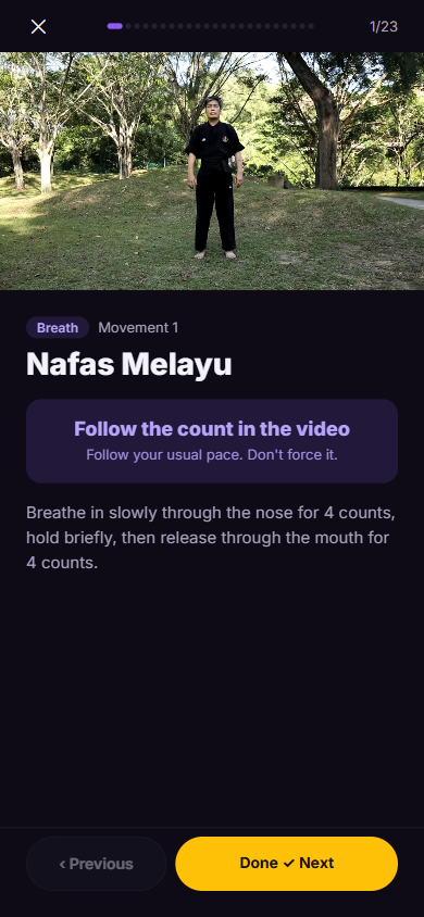 Senaman Tua app guided practice screen