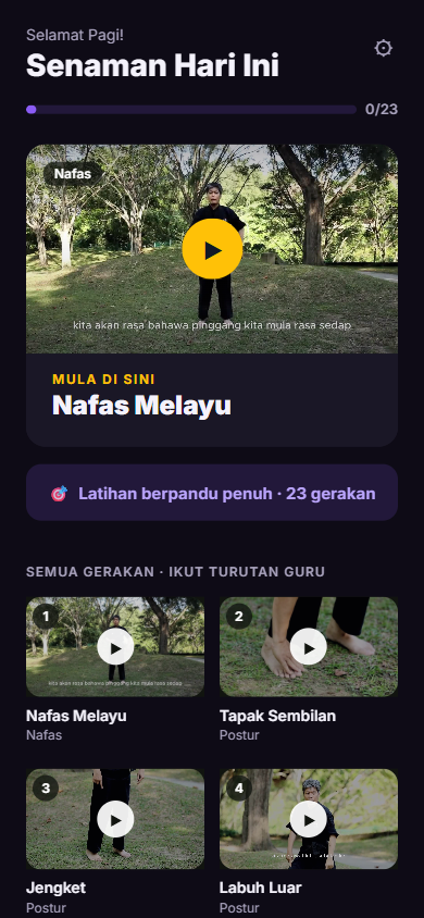 Skrin pustaka app Senaman Tua dengan 23 video dalam grid